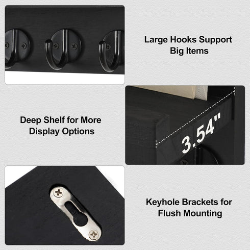 Key Holder for Wall, Decorative Key and Mail Holder with Shelf, Large Hooks for Bags, Coats, Umbrella – Paulownia Wood