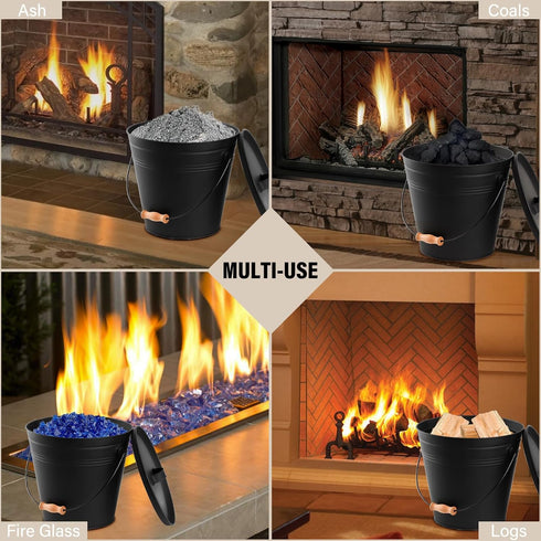 FEED GARDEN 3.5 Gallon Mini Ash Bucket with Lid, Shovel, Broom, Iron Metal Bucket for Fireplace Fire Pits, Indoor