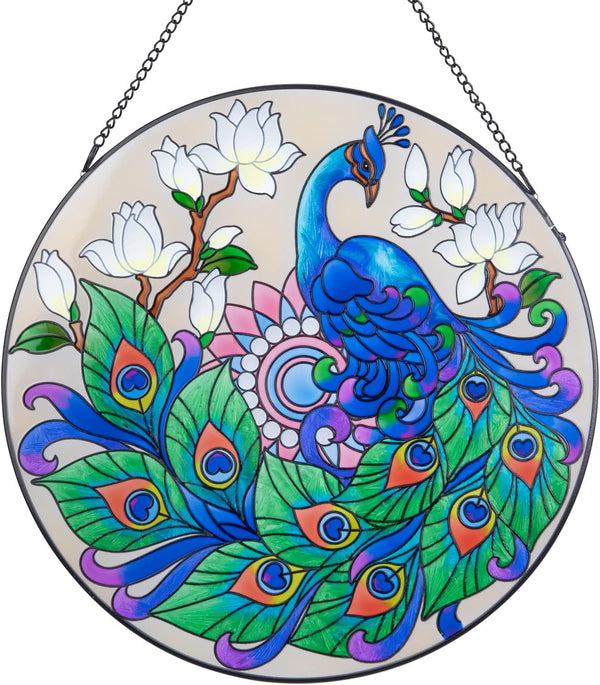 MUMTOP Stained Glass Window Hanging Suncatcher, Peacock Design Hand-Painted Glass Panel Home Decor, 12 Inch