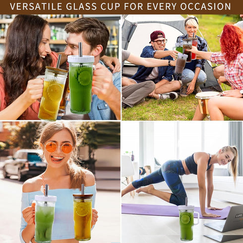 24oz Handle,4Pack Ribbed Glass Tumbler With Glass Cup with Lids and Straws,Reusable Glass Iced Coffee Cups