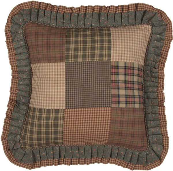 VHC Brands Primitive Bedding Cinnamon Plaid Cotton Patchwork Square Pillow Insert, Dark Olive Green