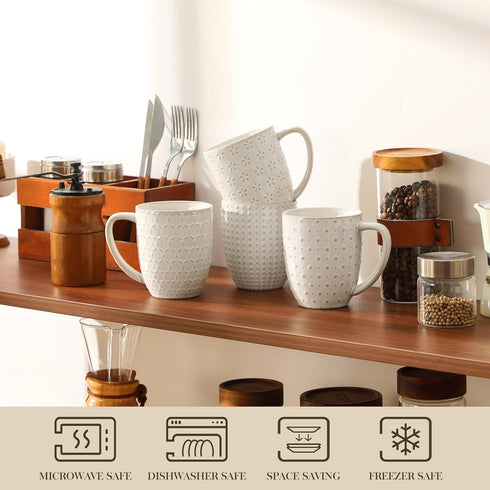 16 OZ Set 4 Set, MALACASA LYDIA Coffee Mugs, Ceramic Mugs of with Handle, Embossment Cups for Latte, Hot Tea
