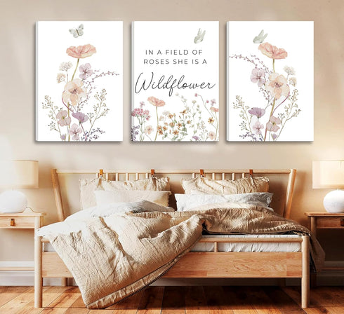 Dawaqwe 3PcsFramed Wildflower Nursery Canvas Wall Art Flower Botanical Sentence Poster Pink Watercolor Floral Girl's