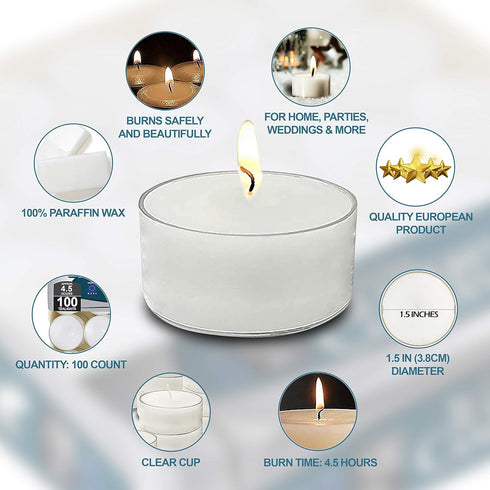 Ner Mitzvah Tea Light Candles, 100 Bulk Pack, White Unscented Tealight Candles in Clear Cup