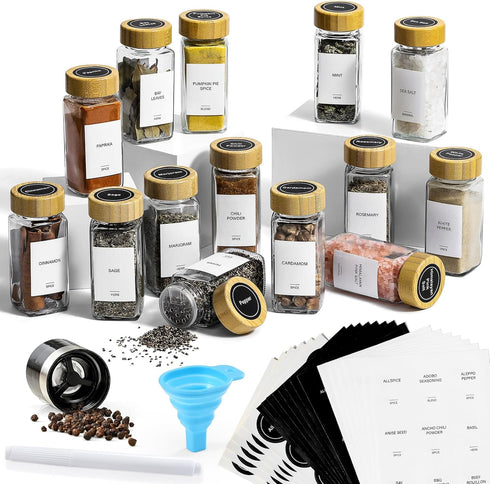 AOZITA 14 Pcs Spice Jars with Bamboo Lids - 4oz Square Spice Bottles and Spice Labels - Shaker Lids and Airtight Caps - Silicone Collapsible Funnel Included