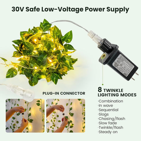 23 73 HEYFUNi Vines with Lights, Ft Led Faux Pothos String Lights Plug in, Leaf Lights for Bedroom, Wall, Balcony