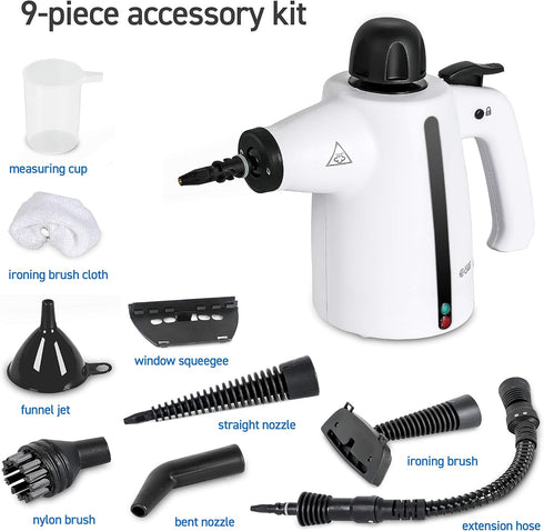 Handheld Steam Cleaner, 9-Piece Accessory Set, White, for Cleaning Couch, Carpet, and Upholstery