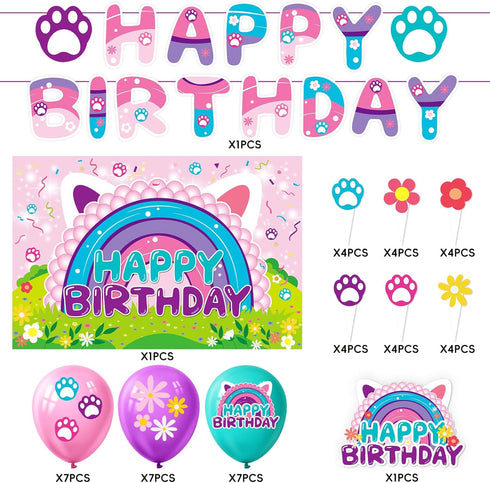 KMZFPYJ Dollhouse Birthday Party Supplies, Kids Birthday Cartoon Cat Party Decorations, Include Banner, Balloons
