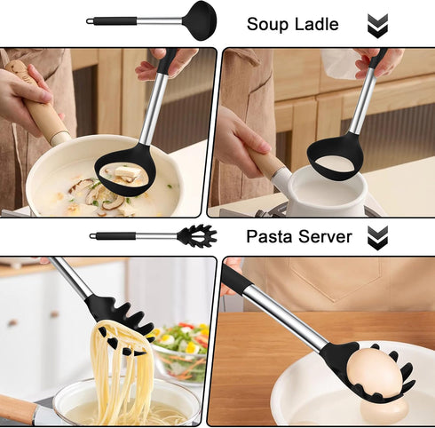 TeamFar Silicone Pasta Fork and Ladle Spoon Set, 2 Pcs Large Nonstick Kitchen Utensils with Stainless Steel Handle for