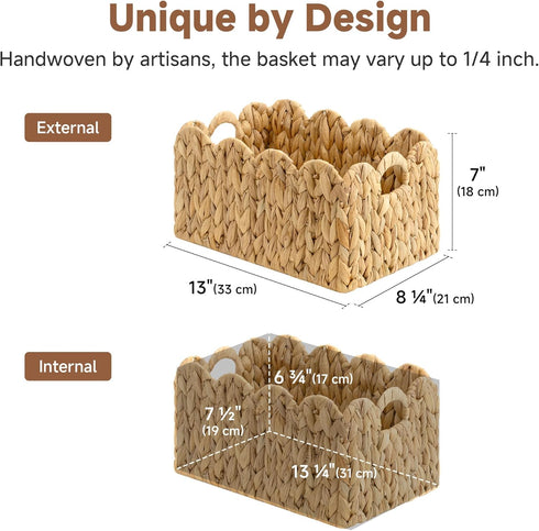 13"L 8"W 7"H StorageWorks Scalloped Water Hyacinth Baskets, Hand-woven Rattan Baskets with Built-in Handles, Cute Baby
