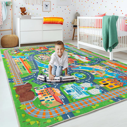 4'x5'/ 48"x60" Car Rug Play Mat for Kids Toy Cars, Road Traffic Playmat for Kid Bedroom, Non-Slip Machine Washable Town