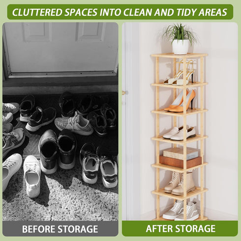 7 Closet Vertical Tall Shoe Rack For Entryway - Tall Tier Free Standing Slim Narrow Bamboo Wood Shoe Boots Storage