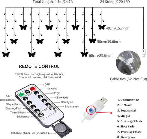 Butterfly Curtain Fairy String Lights, 120LED USB Powered Timer Firefly Twinkle Light for Room, Wedding, Party Decor