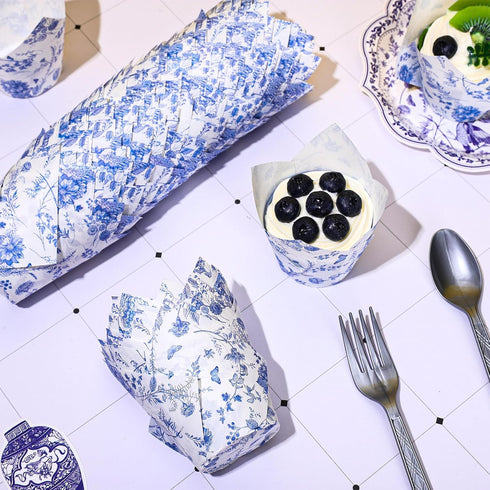Whaline 200Pcs Blue Floral Cupcake Liners, Chinoiserie Muffin Baking Wrappers for Bridal, Baby Shower, Wedding,