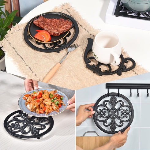 Sungmor Heavy Duty Cast Iron Round Metal Trivet, Rustproof Black Racks for Hot Pans or Teapot Kitchen Decor