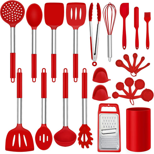 LIANYU 27 PCS Kitchen Utensils Set with Holder - Silicone Cooking Tools with Stainless Steel Handle for Nonstick