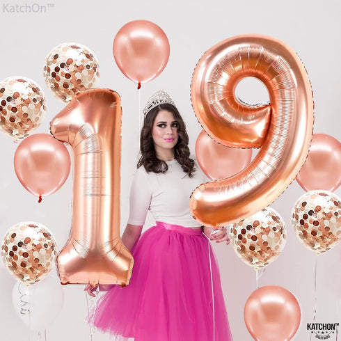 KatchOn Giant Rose Gold 19 Balloon, 40 Inch Birthday Balloons with Confetti for Happy 19th Birthday