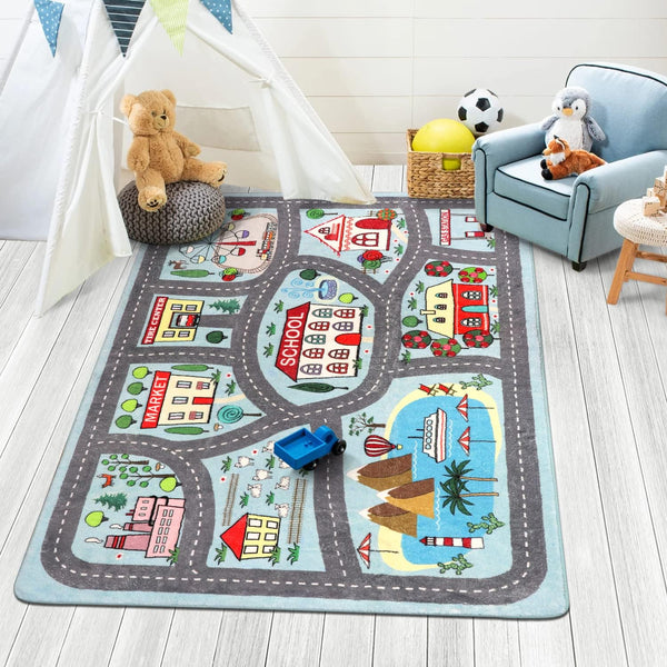 LIVEBOX Kids Rug 3'x5' Car Rug Play Mat for Playing Cars, City Life Educational Carpet for Children