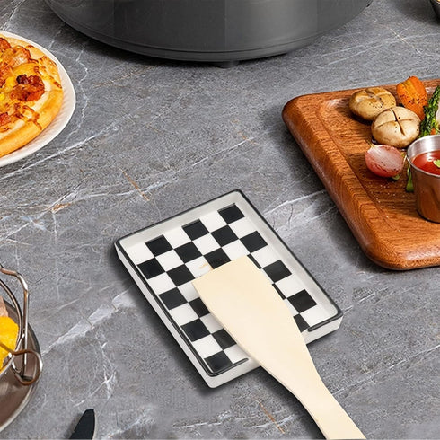 Large Ceramic Spoon Rest for Kitchen Counter, Dishwasher Safe Marble Decor Spoon Holder (Black & White, 1)