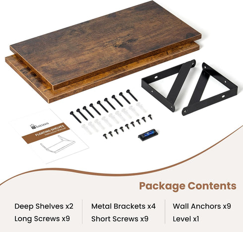 8 Inch Set 2, 16''W 8''D Axeman Floating Shelves for Wall, Deep Brown Wall Shelves of x Rustic Brown Wood Shelves