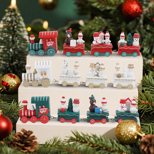 3 Pack Set Happy Trees Christmas Decorations Indoor - Wooden Train Xmas Table Decor & Christmas Knick Knacks