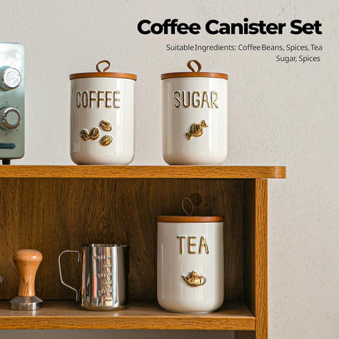 Set 3-Piece Counter 25oz White Ceramic Canister for Coffee Tea Sugar, Food Storage Jars with Wood Airtight Lids