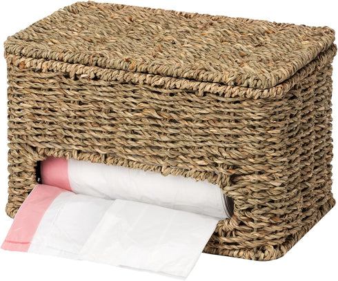 StorageWorks Trash Bag Holder with Lid, Wall Mount Seagrass Plastic Bag Holder