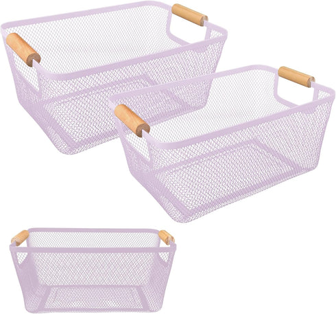 PTSGCAI 2Pack Metal Mesh Steel Basket with Bamboo Handle, 12" Wide Wire Basket for Kitchen Organization, Perfect for
