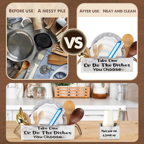 Cutlery Kitchen Utensil Holder Kit - Wooden Organizer for Plate, Cup, Fork, Knives, Spoon, Straws, Napkins