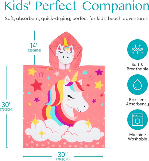 3-10 Backpack 30"x30" Joiedomi Kids Beach Towels with Hood for Years Boys Girls Unicorn Hooded Toddler Bath Towel