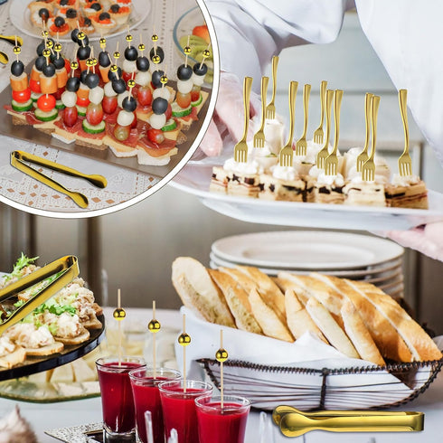 Mini Forks Cocktail Toothpicks Set for Wedding Party, Includes Tongs, Disposable Appetizer Forks, Gold, 184 Pcs