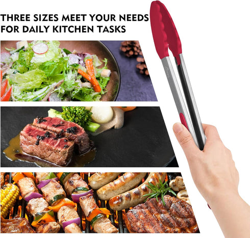 Hotec Premium Stainless Steel Locking Kitchen Tongs with Silicone Tips, Set of 3 - 7", 9", and 12"