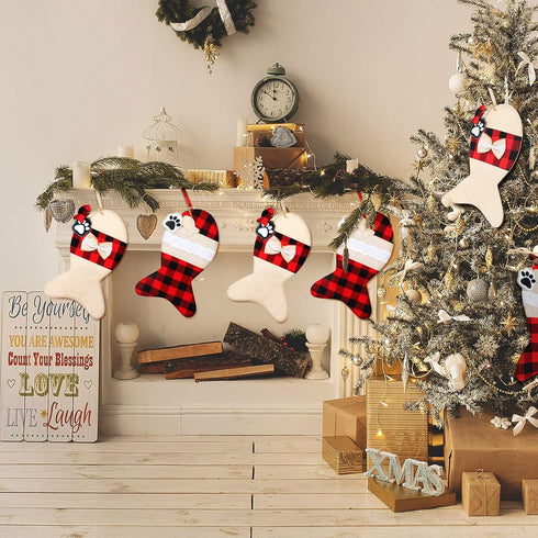 Skylety 2 Pieces Pet Christmas Stockings, Buffalo Plaid Burlap, 15 Inch Large Fish Shaped Bow for Xmas Tree