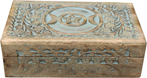 DharmaObjects Large Triple Moon Hand Carved Jewelry Trinket Keepsake Wooden Storage Box, Turquoise