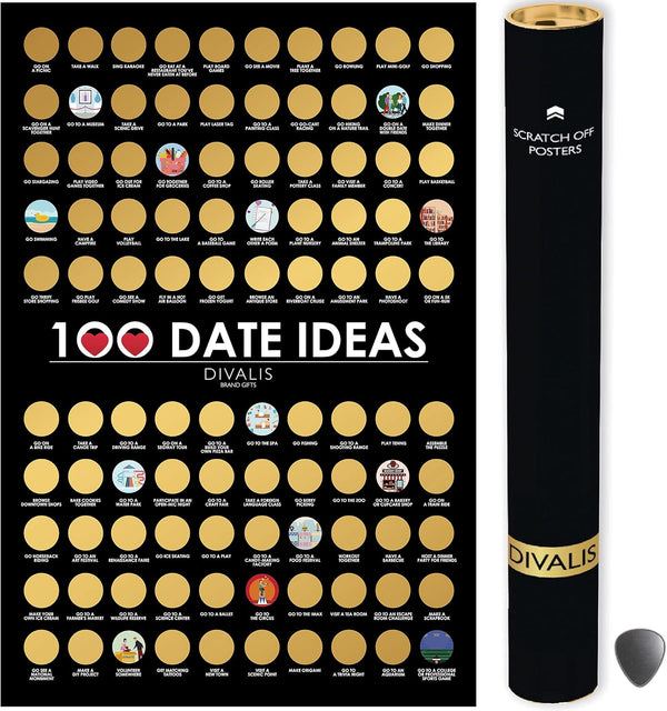 Divalis 100 Dates Scratch off Bucket List, Scratchable Motivational Achievements Checklist Poster, Black and Gold