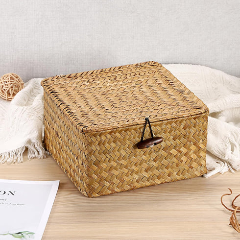 Hipiwe Wicker Shelf Basket Bin with Lid Square Handwoven Seagrass Box Decorative Household Storage Container
