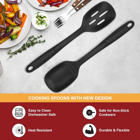 Silicone Cooking Spoon Set - Premium Non-Stick Solid and Slotted Spoon Pack of 2 for Mixing, Serving, Stirring