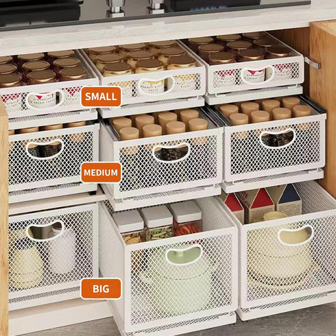 Sliding Cabinet Basket Organizer, Heavy Duty Carbon Steel Self Adhesive Slide Out Pantry Storage Basket