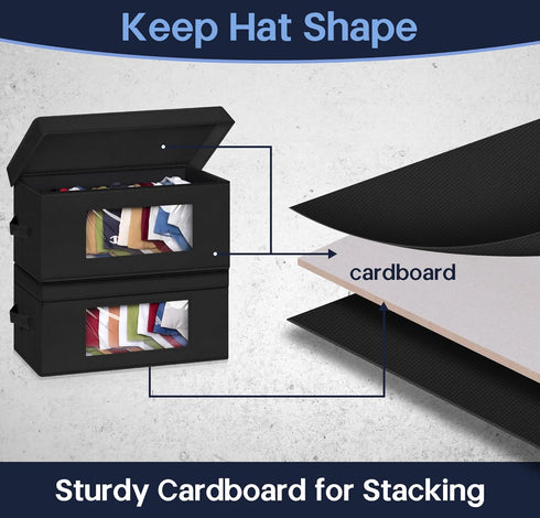 SLEEPING LAMB Stackable Hat Organizer, 2 PCS Hat Storage Boxes for Closet, Holds 30 Caps with Cardboard, Black