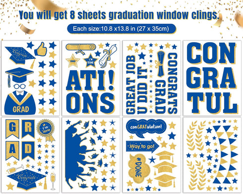 Whaline 193Pcs Graduation Window Sticker Clings Removable Grad Window Decorations Cap Diploma Window Decals Grad Congratulations Party Decor Supplies for School Home Office, 8 Sheets, Gold Blue by Whaline