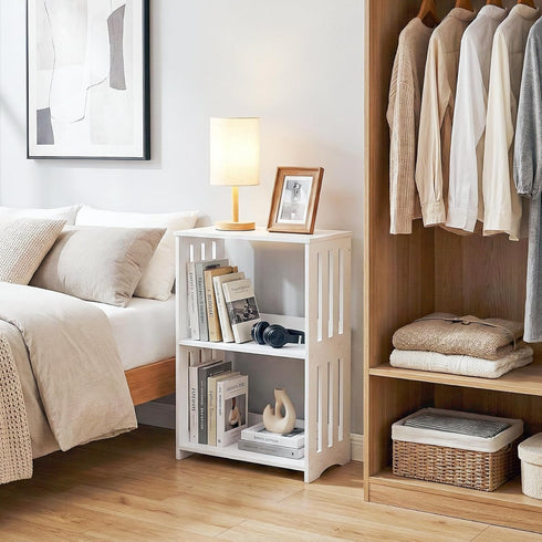 3-Tier HAYOFAMY End Table Nightstand White, Narrow Side Table with Storage Shelf, Small Bookshelf Bedside Table