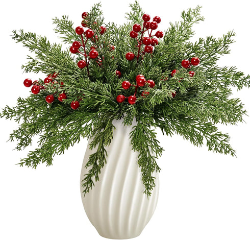 ComfyKit 60Pcs Artificial Pine Branches with Red Berry Stems,Christmas Faux Green Cedar Sprigs