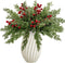 ComfyKit 60Pcs Artificial Pine Branches with Red Berry Stems,Christmas Faux Green Cedar Sprigs