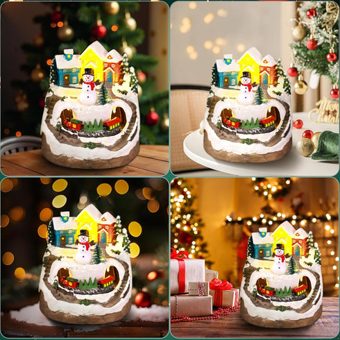 Musical Christmas Village Houses with LED Light & Rotating Train, Ornaments Centerpiece Decor with USB and Battery