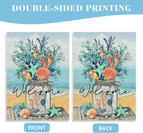 Welcome Summer Decorative Garden Flag, Mason Jar Beach Coastal Coral Starfish Shell Sea Horse, 12 x 18 Double Sided