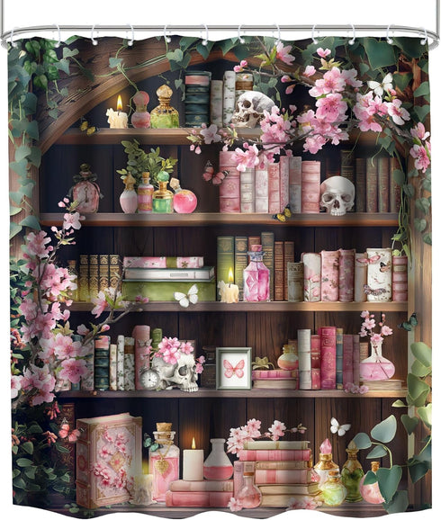 60Wx72H 12 Pack Gothic Skull Shower Curtain Vintage Bookshelf Witchy Floral Pink Cherry Pretty Retro Magic Spring