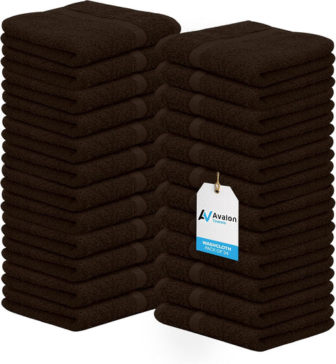 Avalon Towels Cotton Washcloths 24-Pack 12 x 12 Inch Brown Super Soft