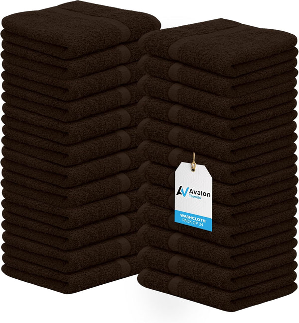 Avalon Towels Cotton Washcloths 24-Pack 12 x 12 Inch Brown Super Soft