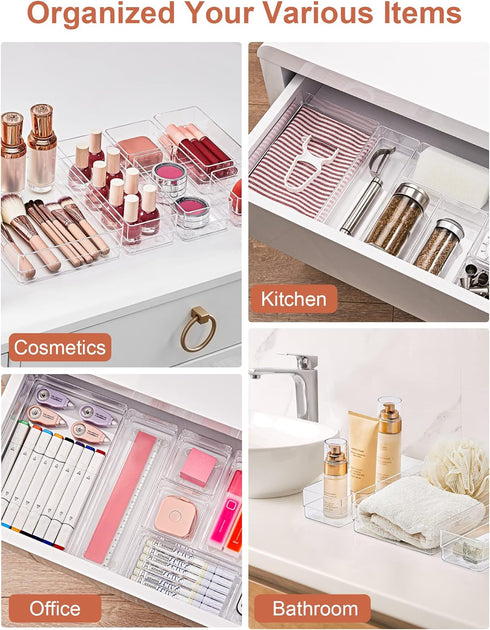 SMARTAKE 29-Piece Drawer Organizer with Non-Slip Silicone Pads, 4-Size Storage Trays for Makeup, Jewelry, Utensils