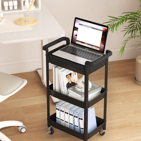 3-Tier 3-Tier-Plastic) MIOCASA Utility Rolling Cart with Cover Top Board, Kitchen Storage Organization, Art Cart